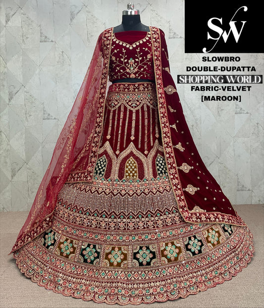Tremendous Dark maroon Double dupatta Velvet bridal Lehenga