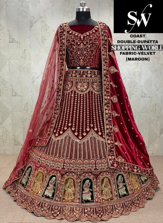 Good looking Raspberry Double dupatta Velvet bridal Lehenga