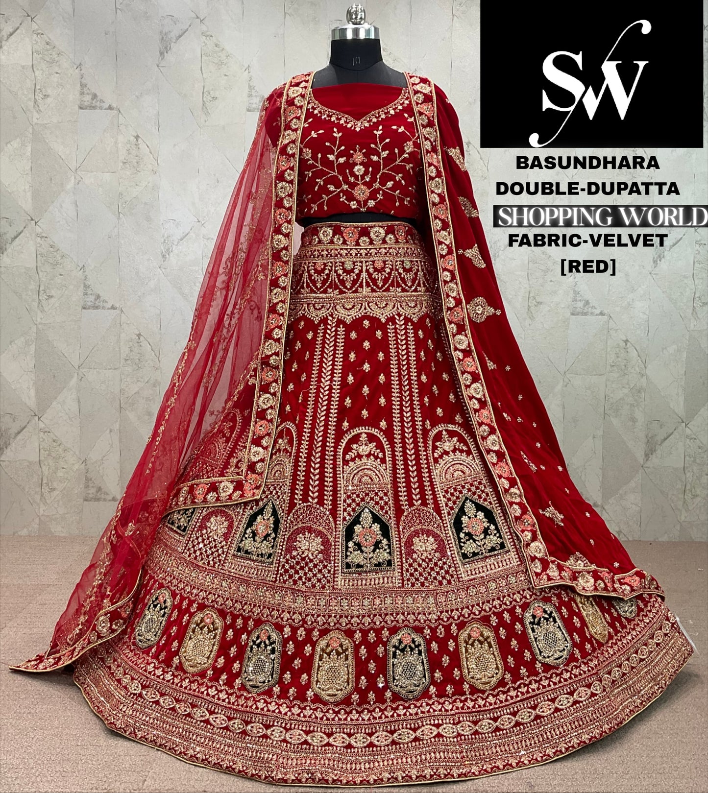 Lovely Raspberry maroon Double dupatta Velvet bridal Lehenga
