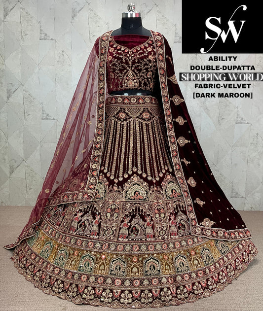 Lavishing maroon Double dupatta Doli barat Velvet bridal Lehenga
