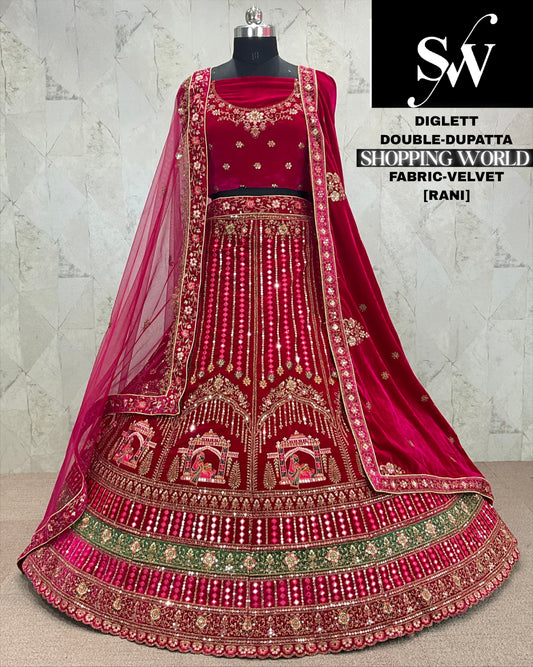 Glamorous maroon Doli barat Velvet bridal Lehenga
