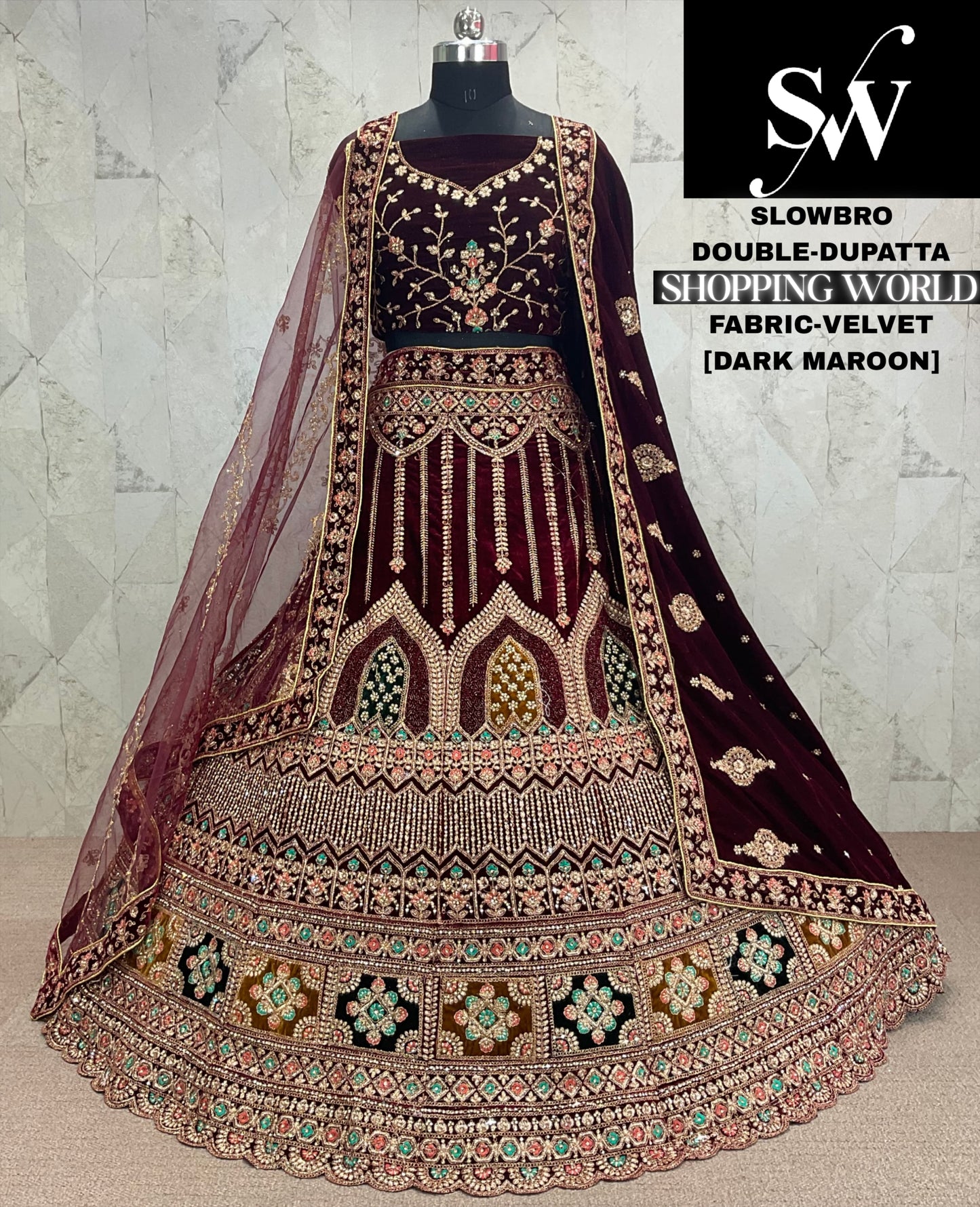 Designer maroon Double dupatta Velvet bridal Lehenga