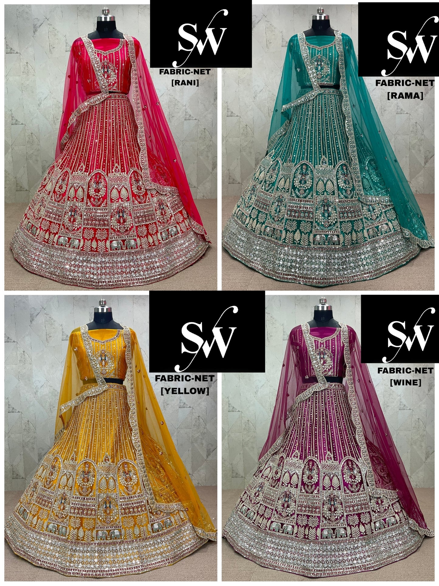 Eye catching rani pink yellow Rama green wine Lehenga