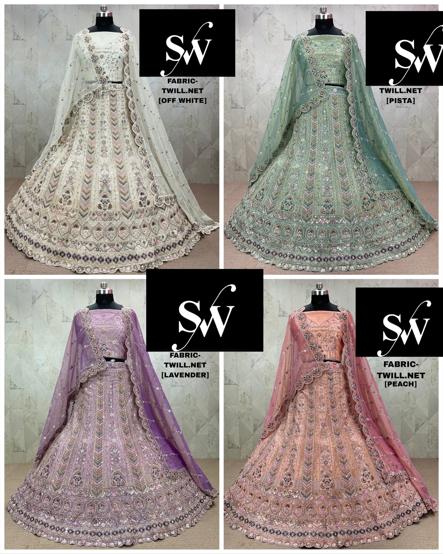 Beautiful off white pista green peach Lavender Lehenga