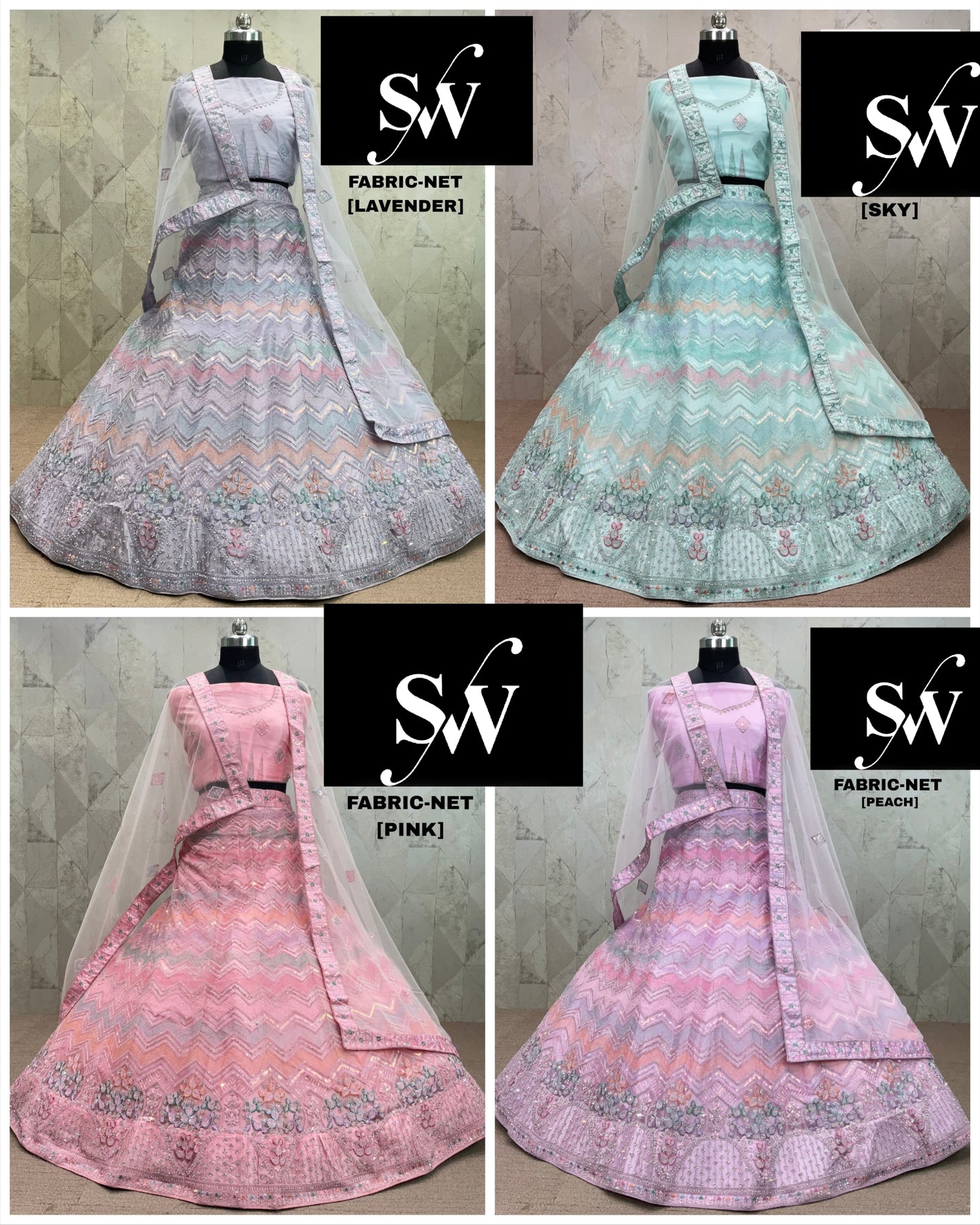Fabulous peach sky blue pink Lavender Lehenga