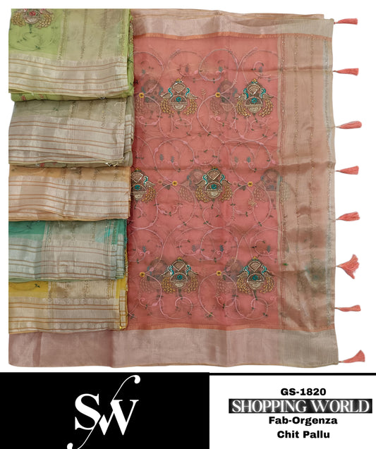 Amazing organza fabric Ivory pink green Saree