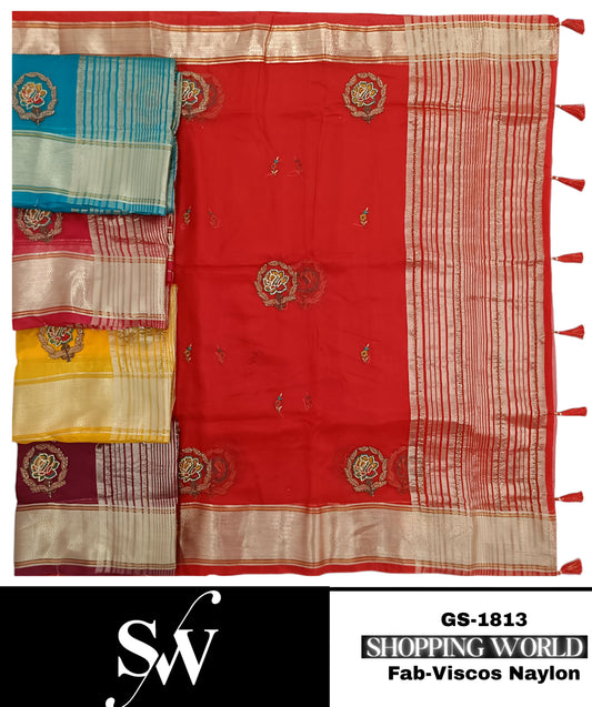 Fantastic Viscos Naylon fabric Red maroon Sky blue Yellow Saree