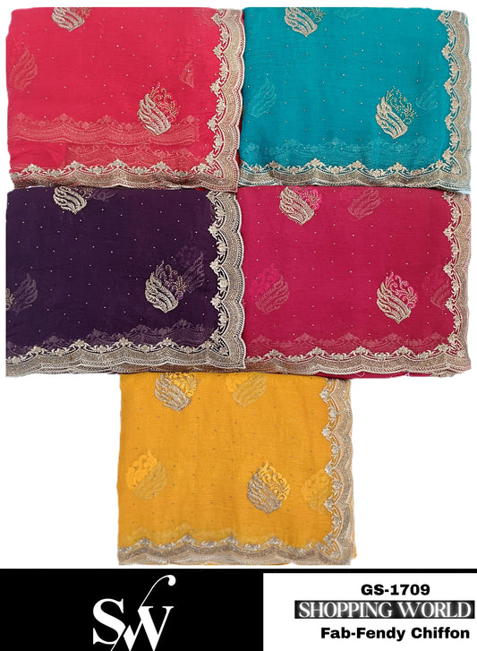 Fabulous Fendi chiffon fabric Red Wine Sky blue Yellow pink Saree