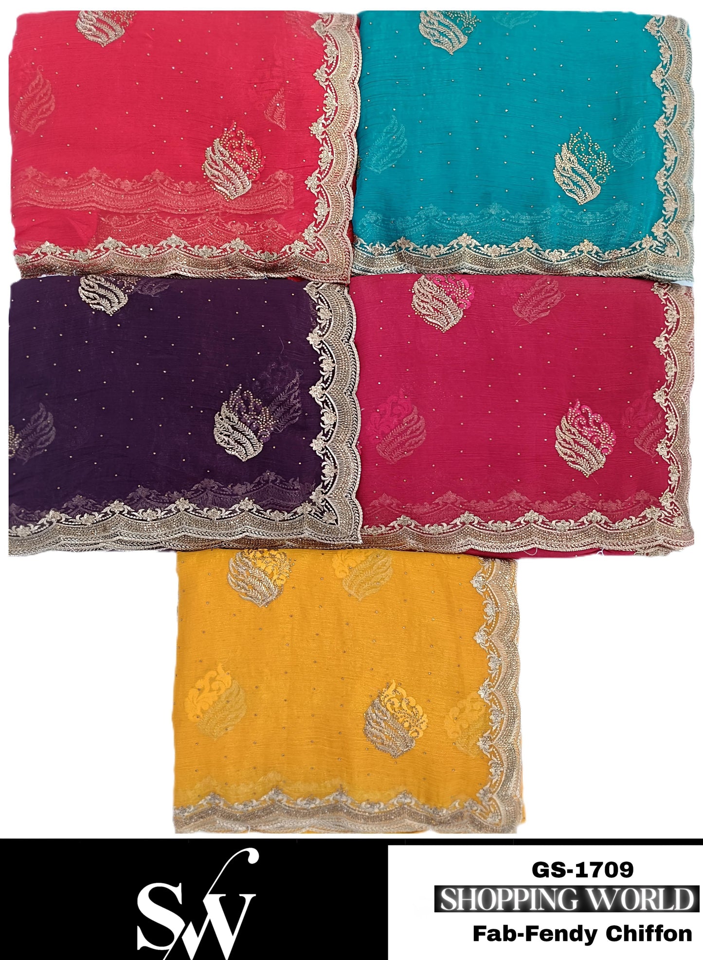 Fabulous Fendi chiffon fabric Red Wine Sky blue Yellow pink Saree