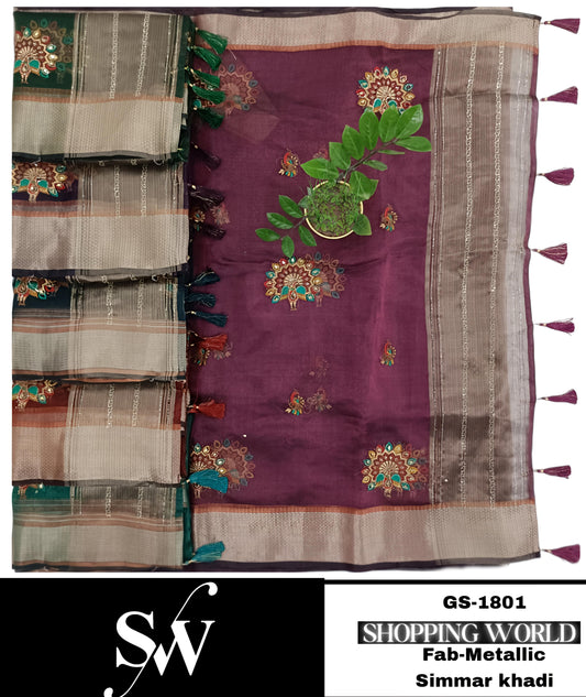 Glamorous Metallic Simmar khadi fabric Wine green Saree