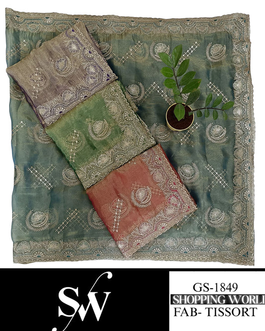 Lovely Tissort fabric Green peach pink Saree