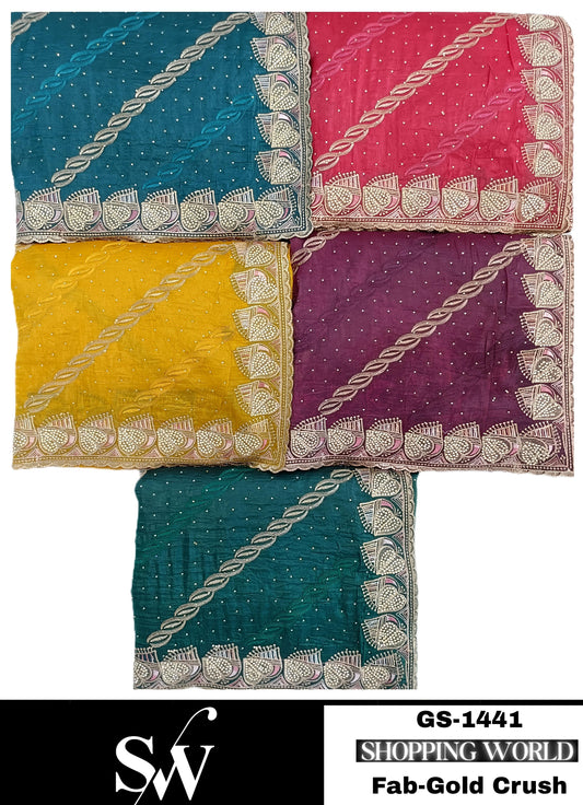 Pretty Gold crush fabric Green Yellow pink Sky blue wine Saree