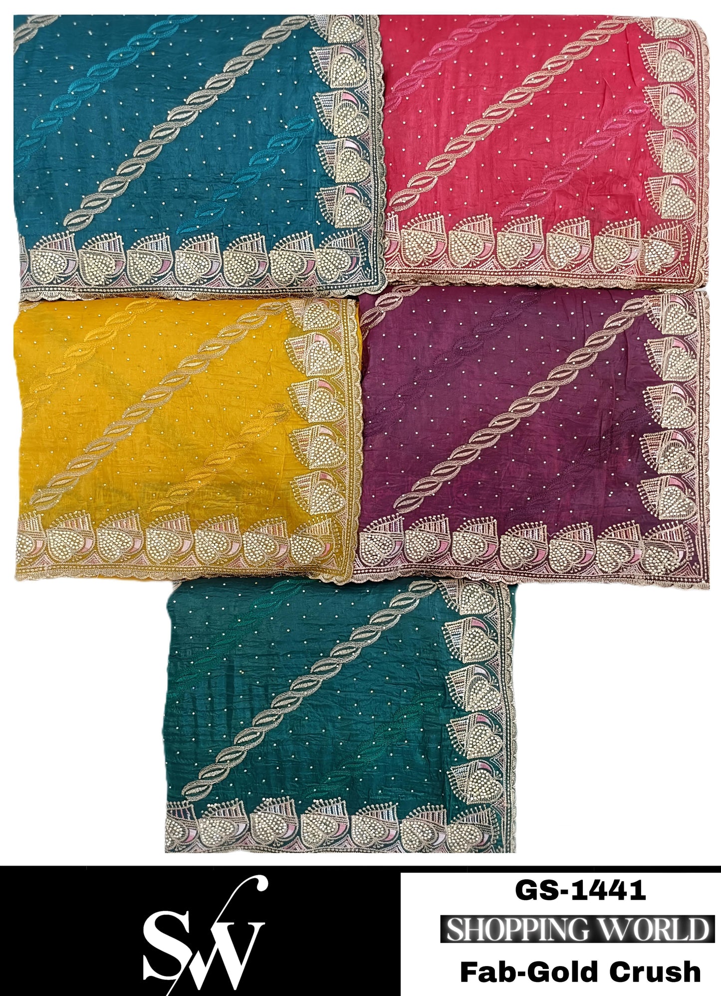 Pretty Gold crush fabric Green Yellow pink Sky blue wine Saree