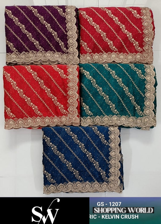 Beautiful Kelvin crush fabric Green red pink Navy blue wine Saree