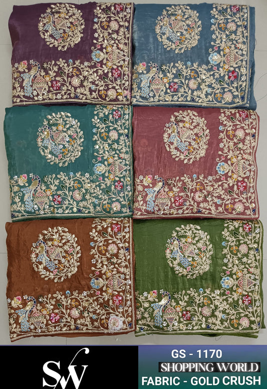 Khoobsurat Gold crush fabric Green pink Sky blue purple peacock Saree