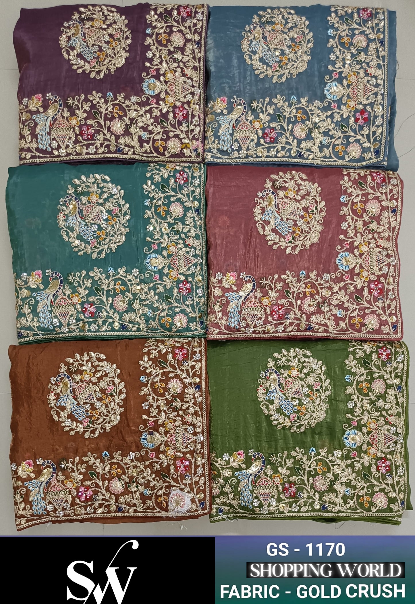 Khoobsurat Gold crush fabric Green pink Sky blue purple peacock Saree