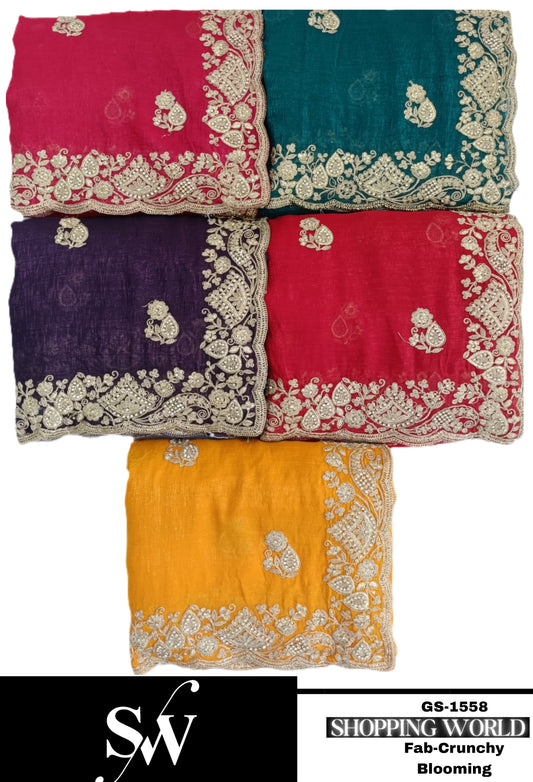 Embellished Crunchy blooming Fabric wine red green pink  yellow Saree