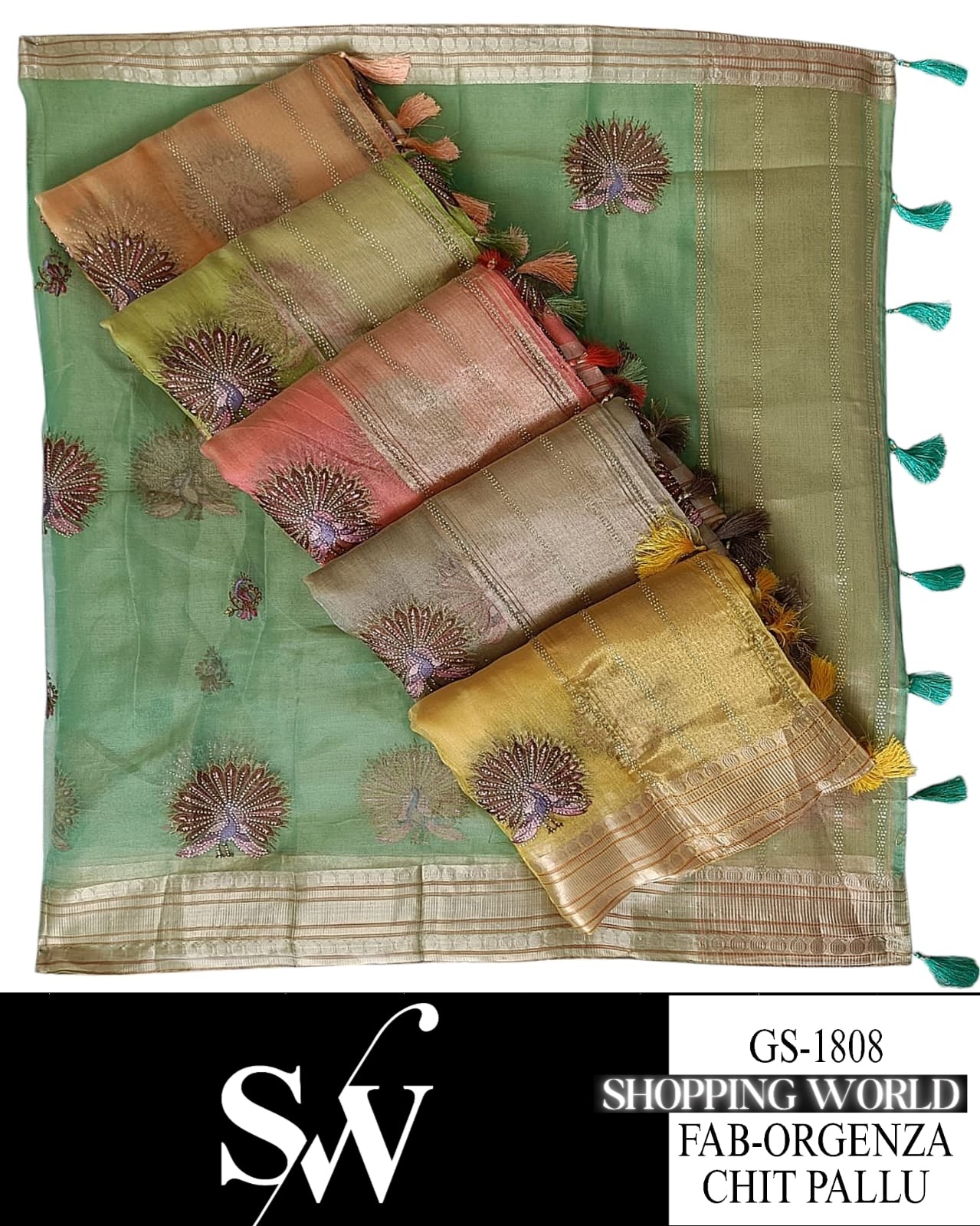 Elegant green Pink yellow Saree organza fabric