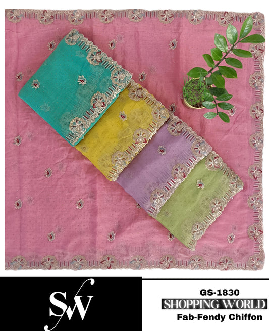 Awesome Fendi chiffon Ivory pink Sea blue yellow green Saree