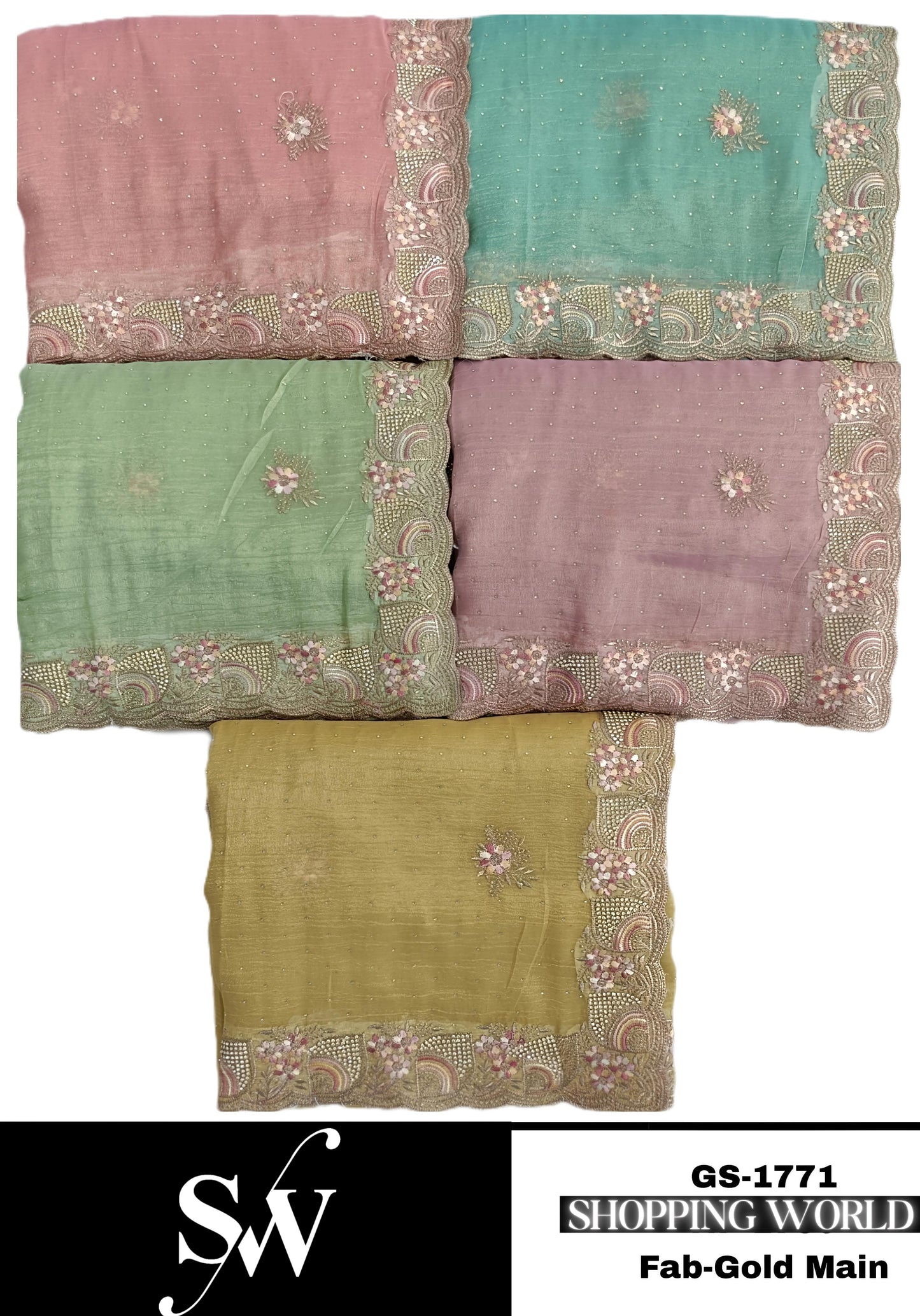 Glamorous Gold main green blue pink yellow Saree