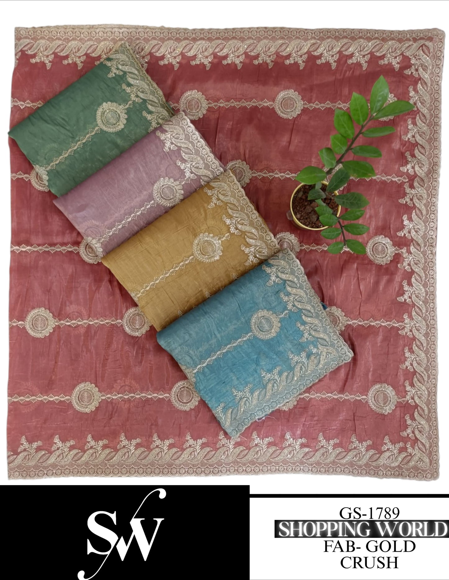 Gorgeous Gold Crush green blue pink yellow Saree