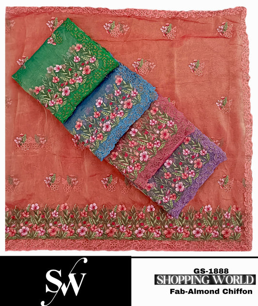 Astonishing Almond Chiffon orange green blue pink Lavender Saree