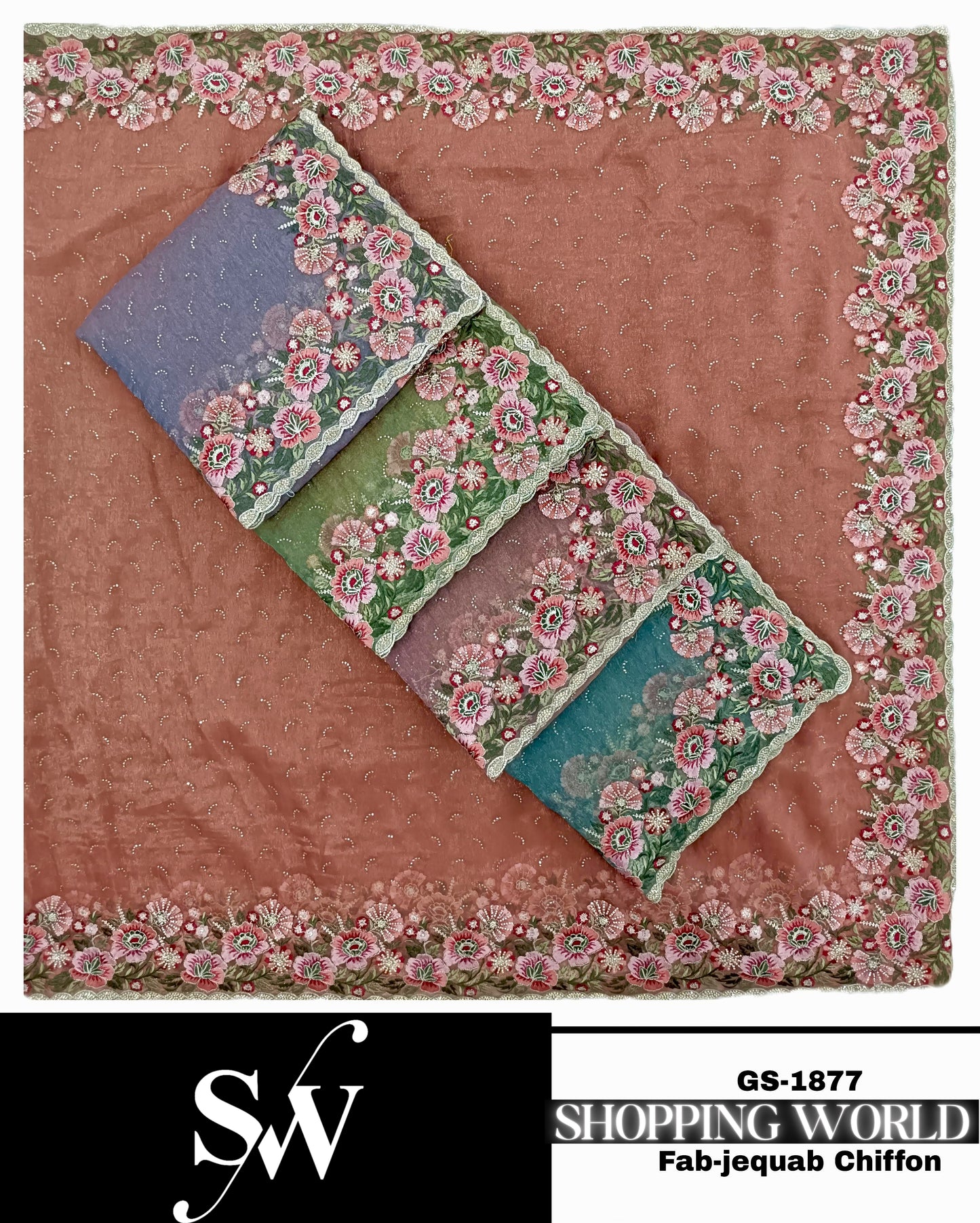 Embellished peach lilac green blue Fabric Fab Rolex