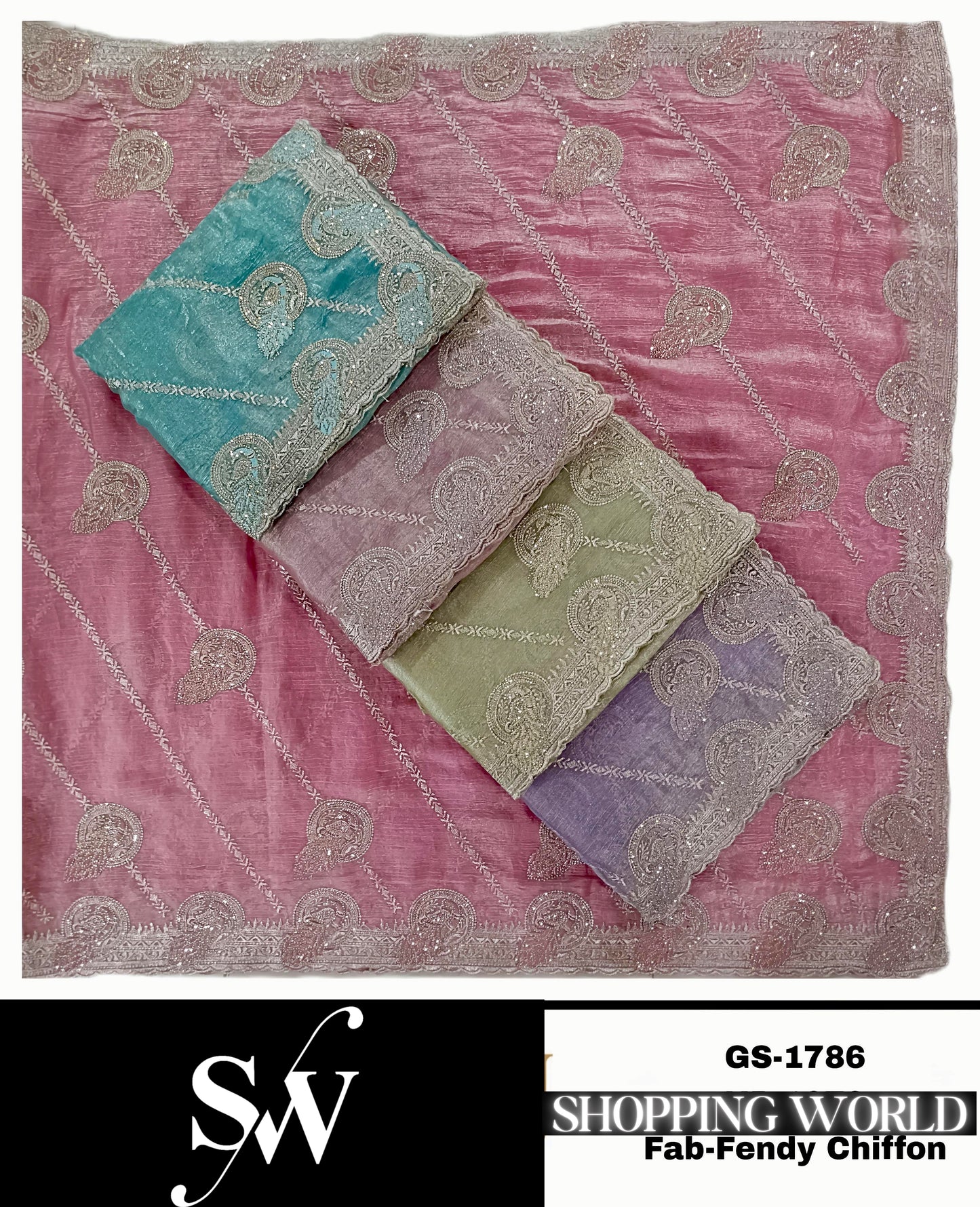 Eye catching pink green blue lilac Fabric Fendi Chiffon