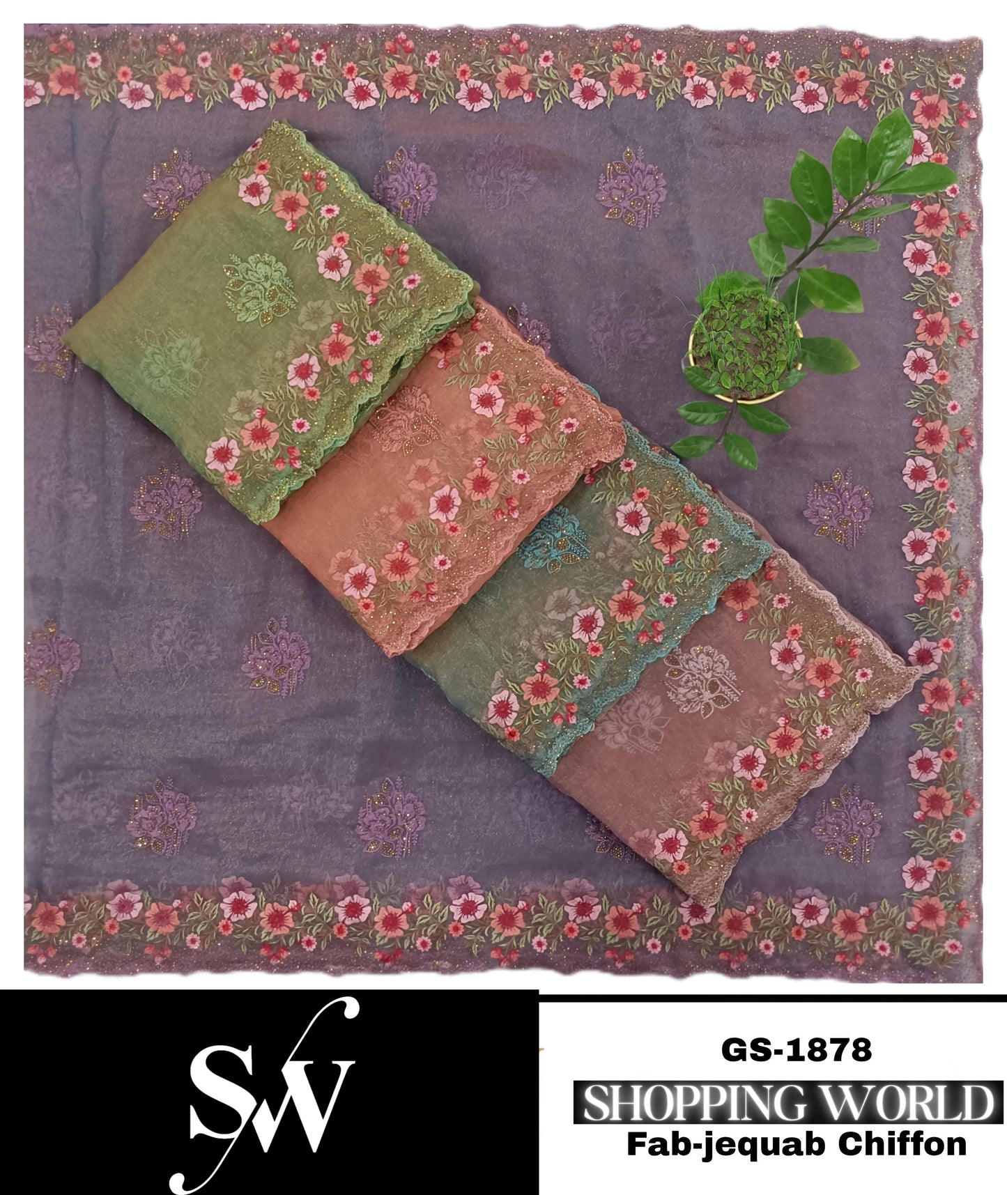 Majestic purple green peach blue Fabric jequab Chiffon