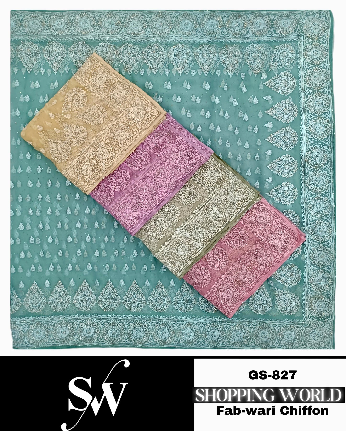 Charming peach Sea green blue Fabric Wari Chiffon