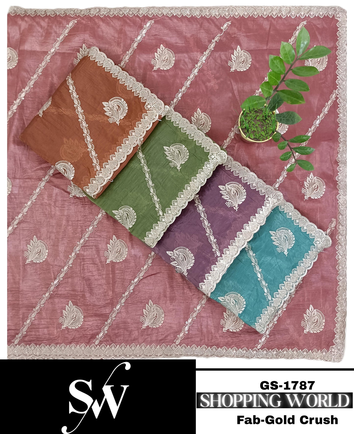 Stunning peach pink green blue Fabric Gold crush