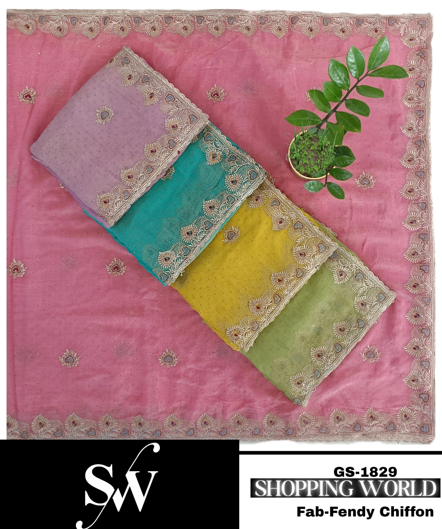 Pleasing pink green blue yellow Fabric Fendy Chiffon