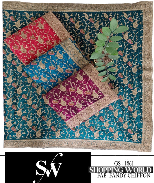 Attractive Rama green blue pink Wine Saree Fabric Fendy Chiffon