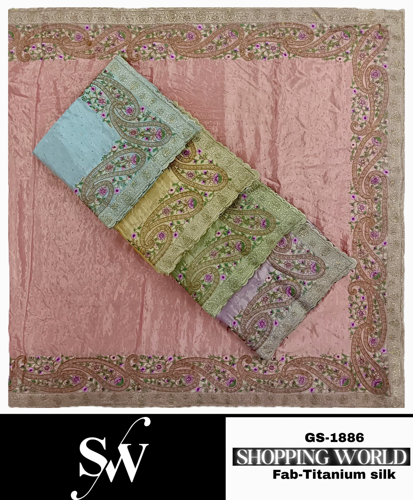 Astonishing peach blue yellow green lilac Saree Fabric Titanium Silk