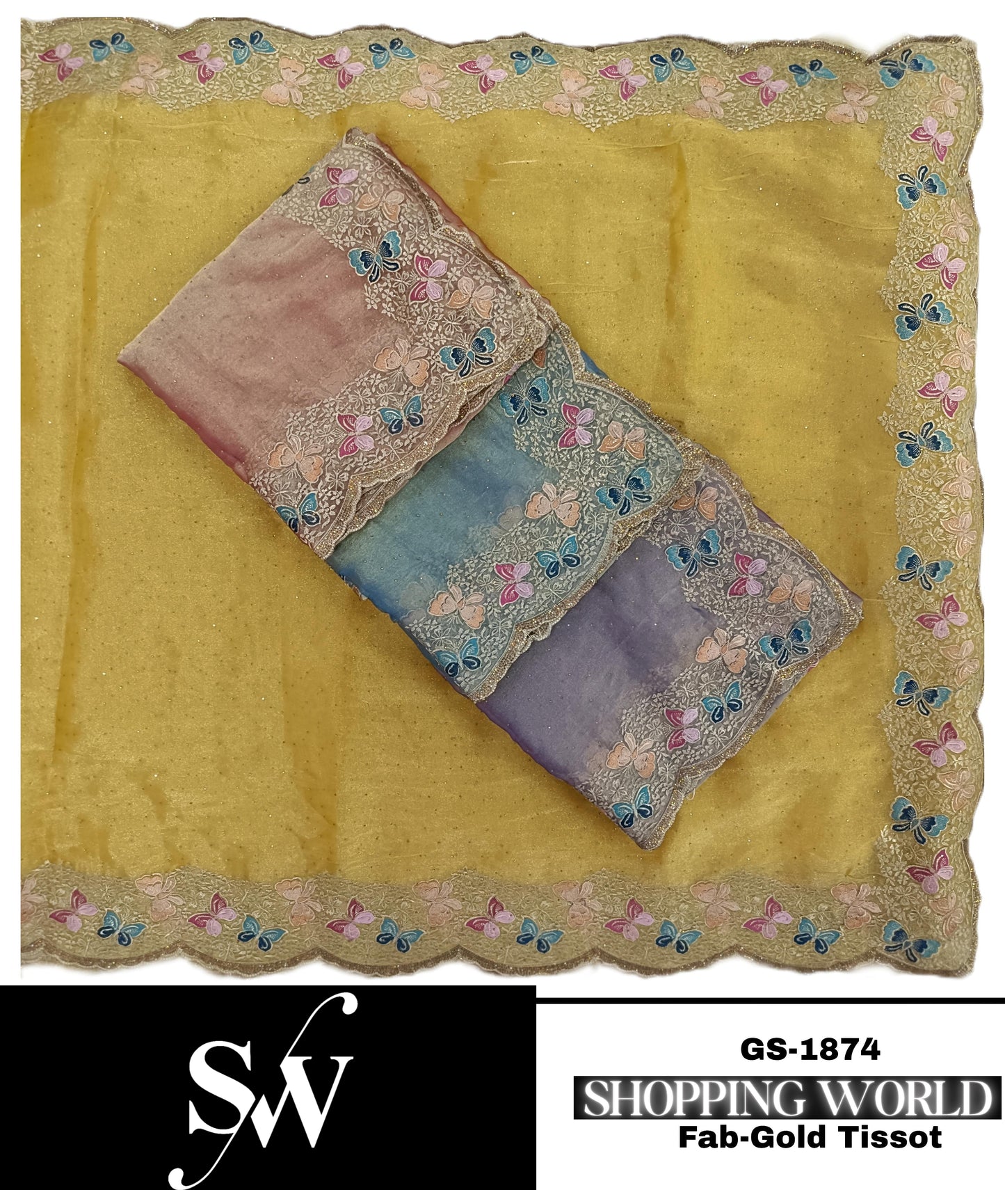 Fantastic yellow peach pink green lavender Saree