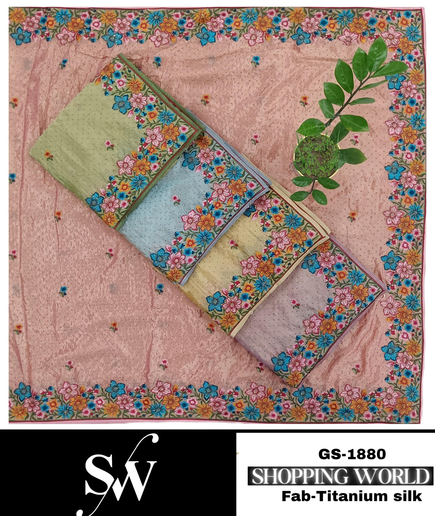 Fabulous peach green blue yellow Saree titanium Silk