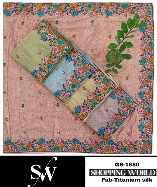 Fabulous peach green blue yellow Saree titanium Silk