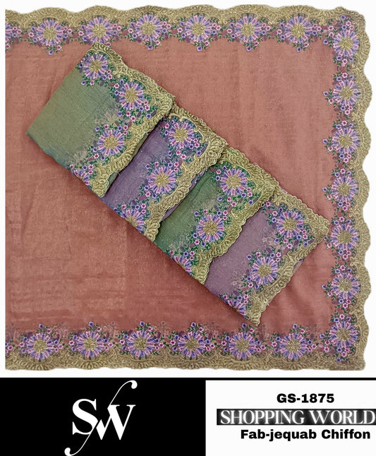 Designer pink green lilac peach Saree Fabric Jequab Chiffon