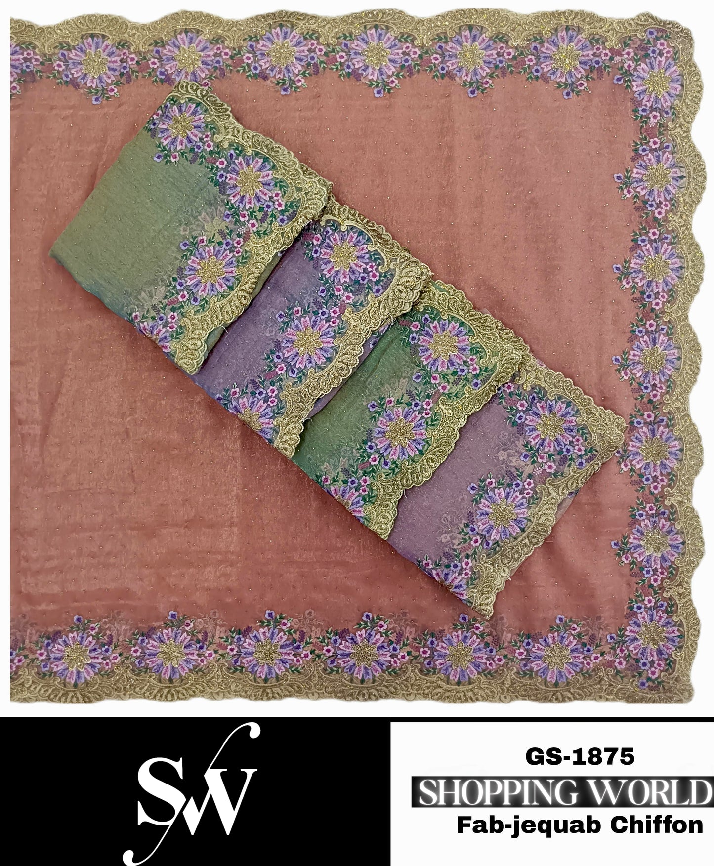 Designer pink green lilac peach Saree Fabric Jequab Chiffon