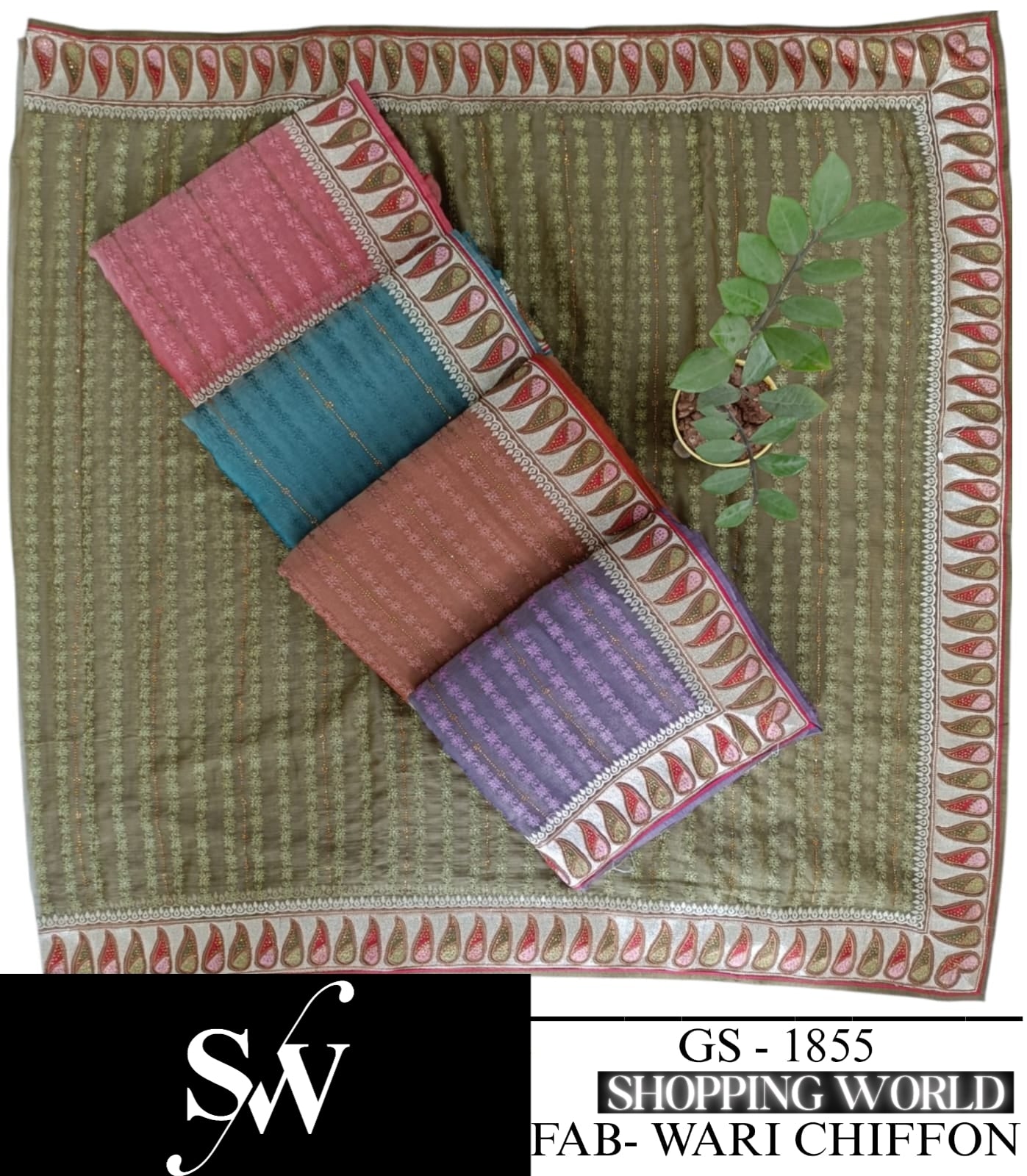 Lovely green peach pink blue Saree Fabric Wari Chiffon