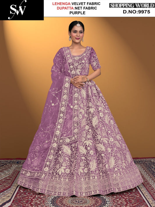 Embellished maroon Velvet Lehenga