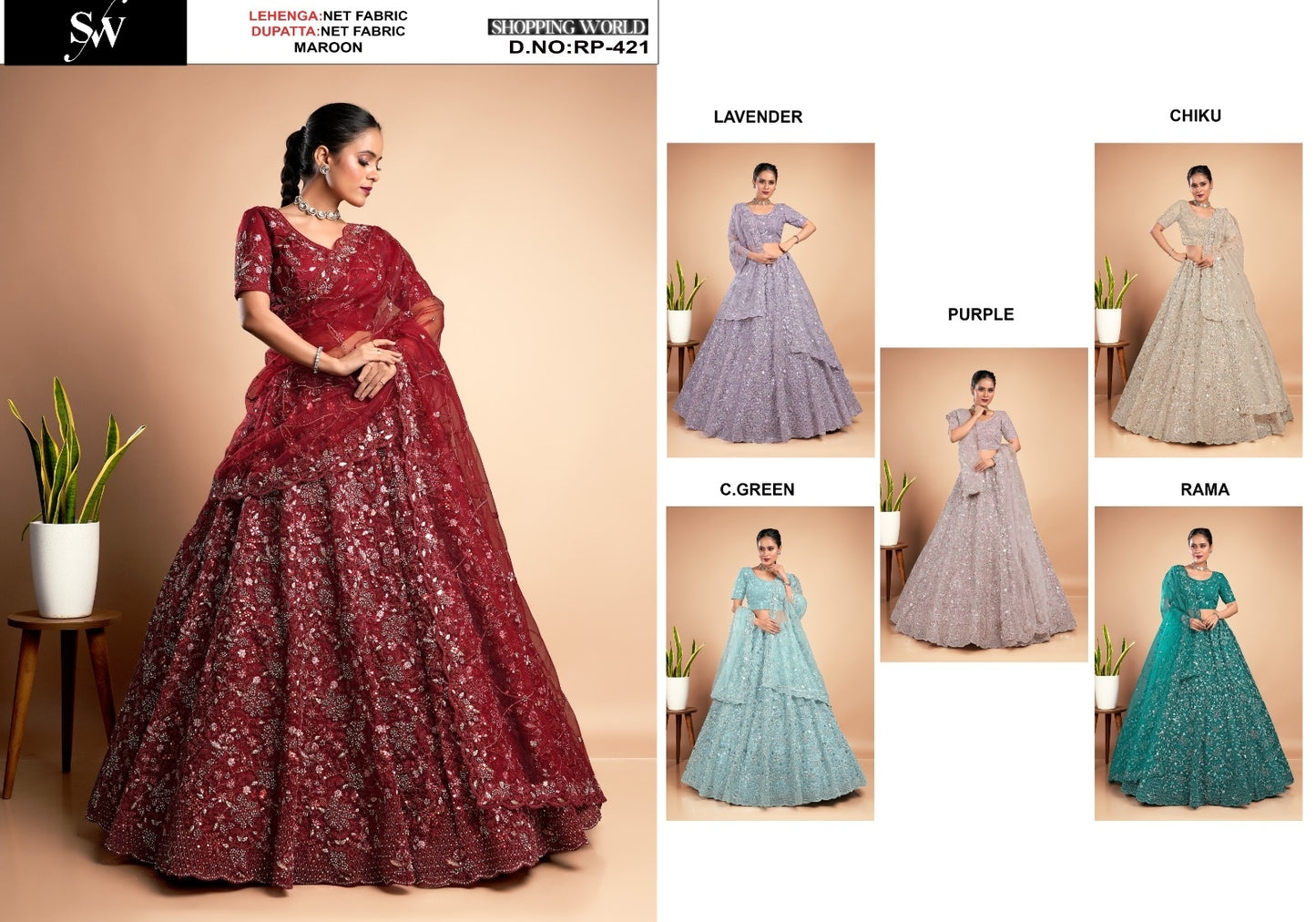 Lovely maroon Lavender Sea green Purple Rama green Chiku Net Lehenga