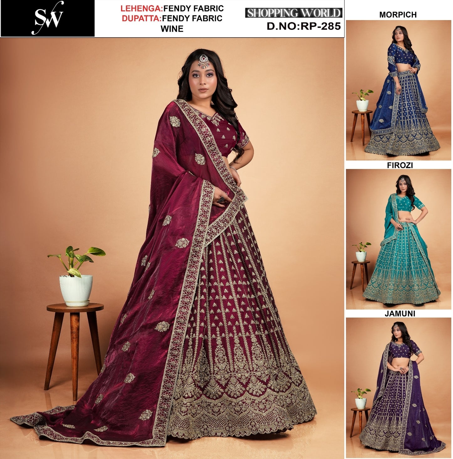 Designer Wine Morpich Navy Blue Firozi Jamuni Fendy Lehenga