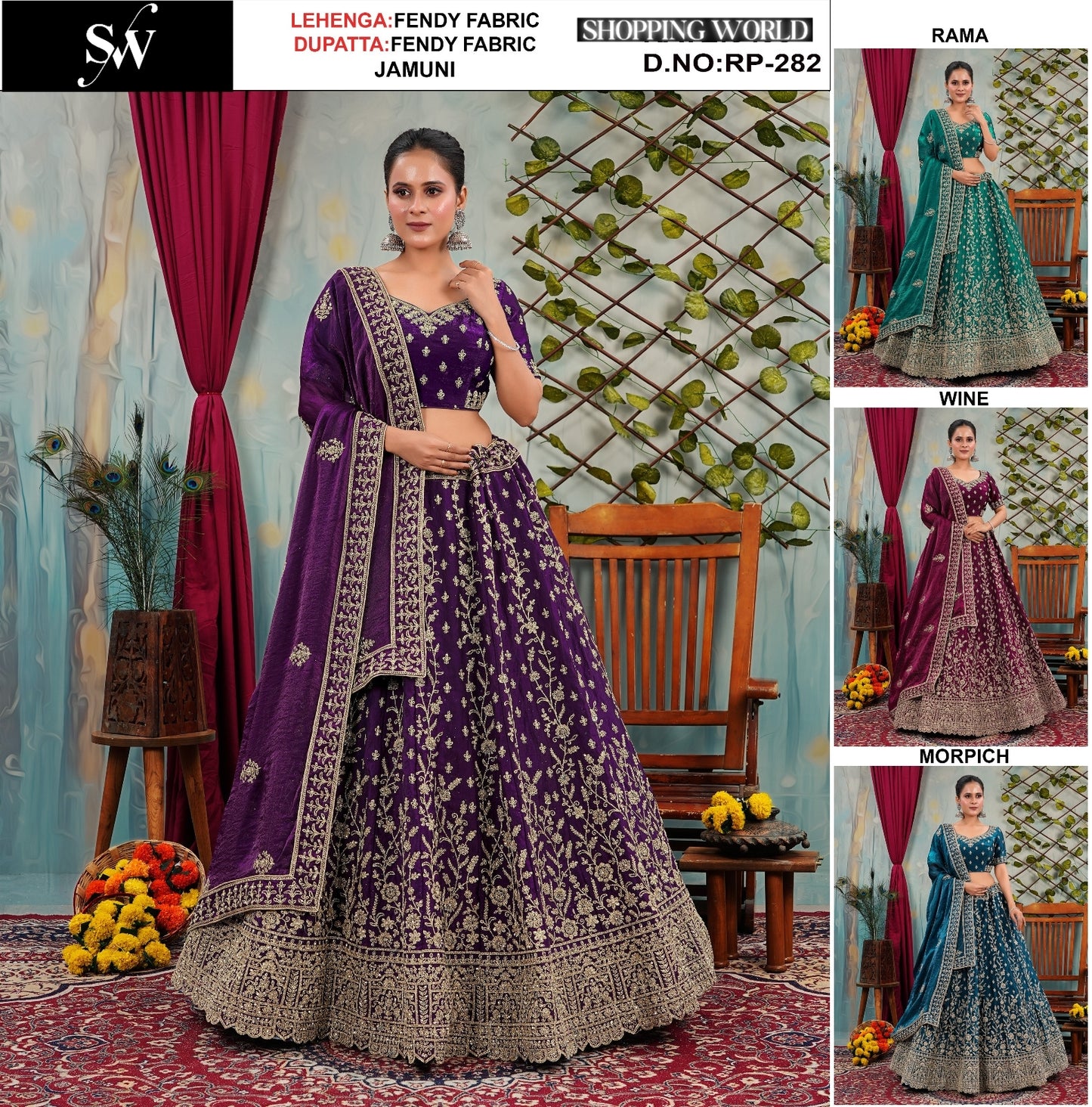 Pleasing Jamuni violet purple rama green wine morpich Lehenga