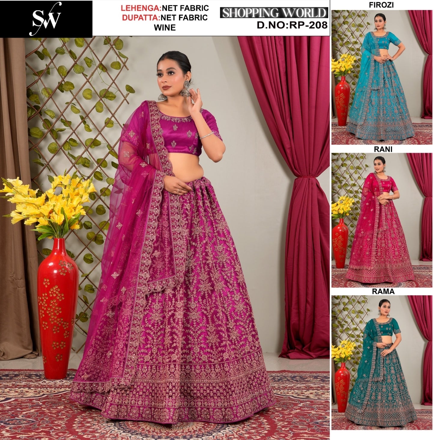 Delightful wine Firozi Rani pink rama green Net Lehenga