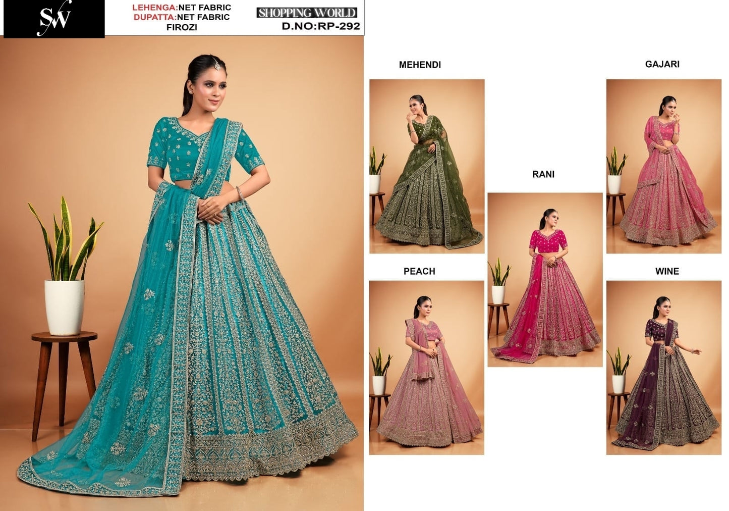 Tremendous Firozi mehendi green gajri pink Rani pink peach wine Net Lehenga