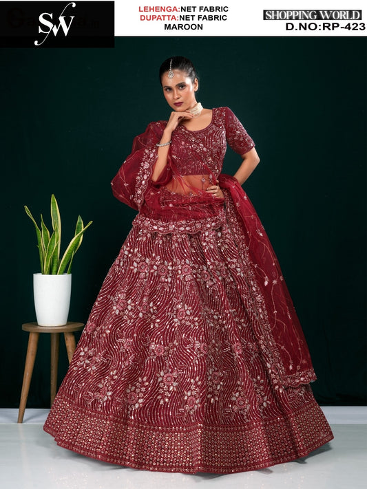 Eye catching wine Net Lehenga