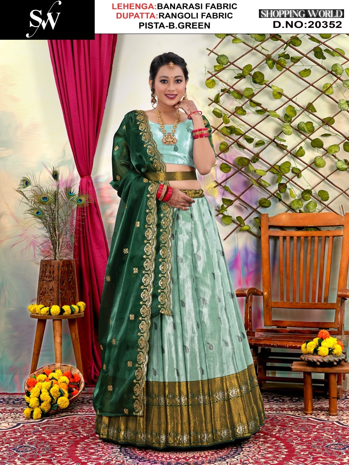 Pretty Rani pink rama green Banarasi Lehenga