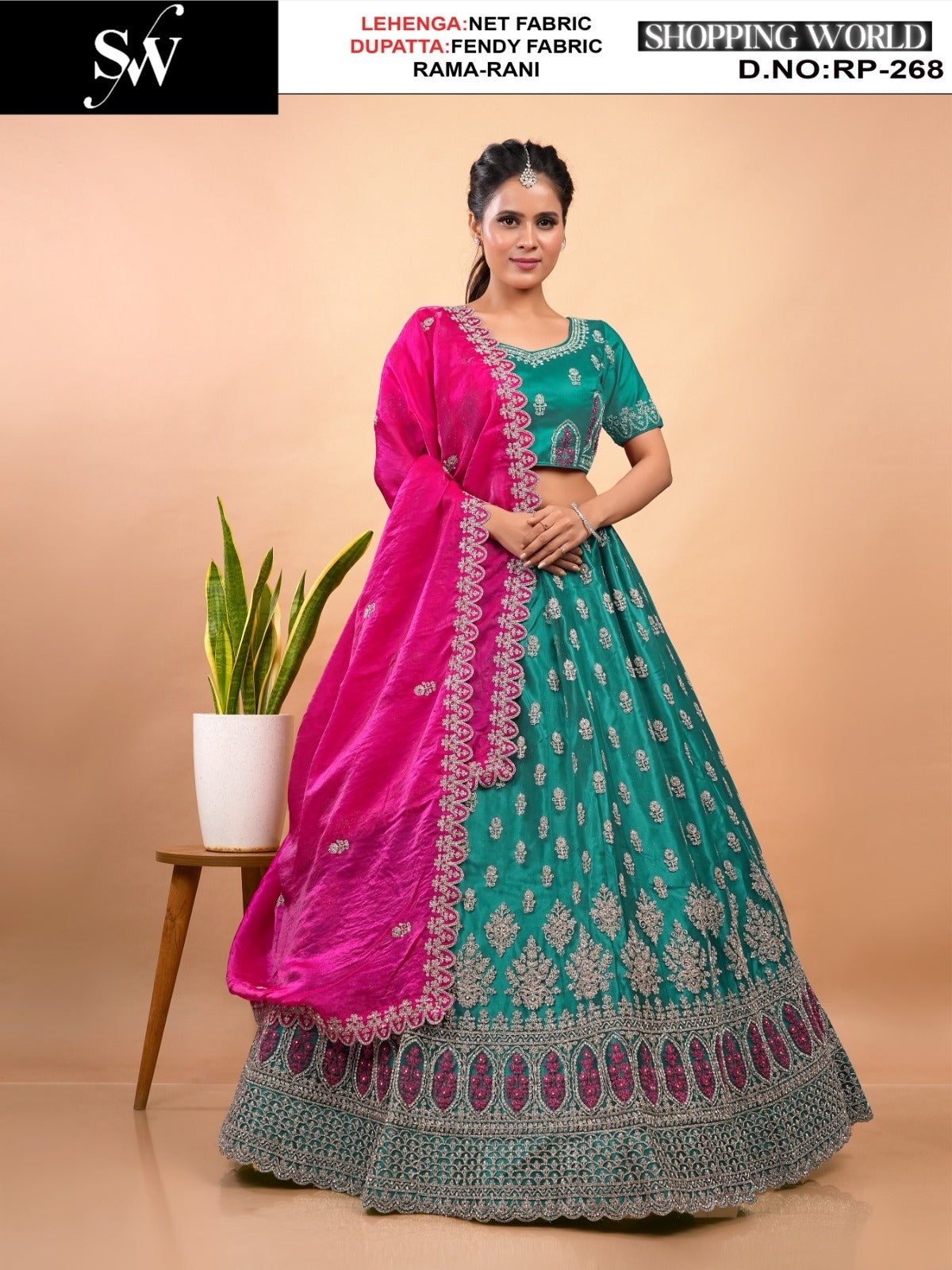 Attractive Rani Rama green Net Lehenga