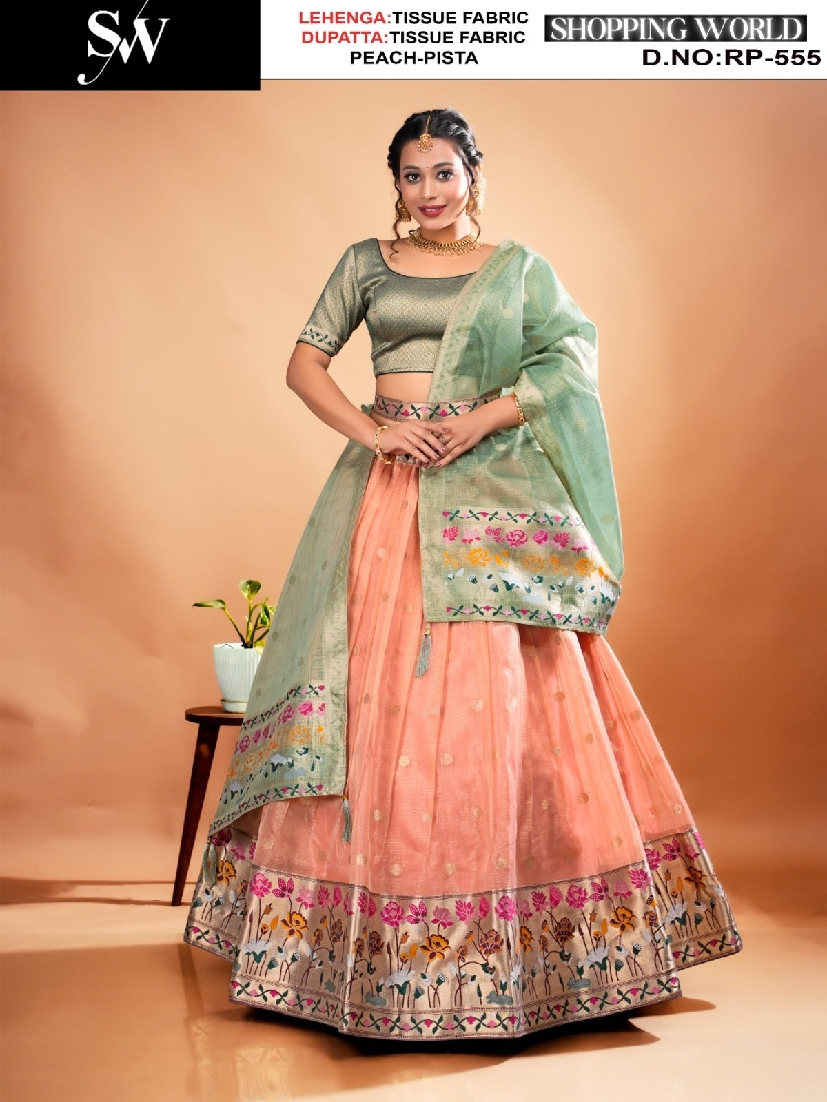Khoobsurat pista green pink Tissue Lehenga